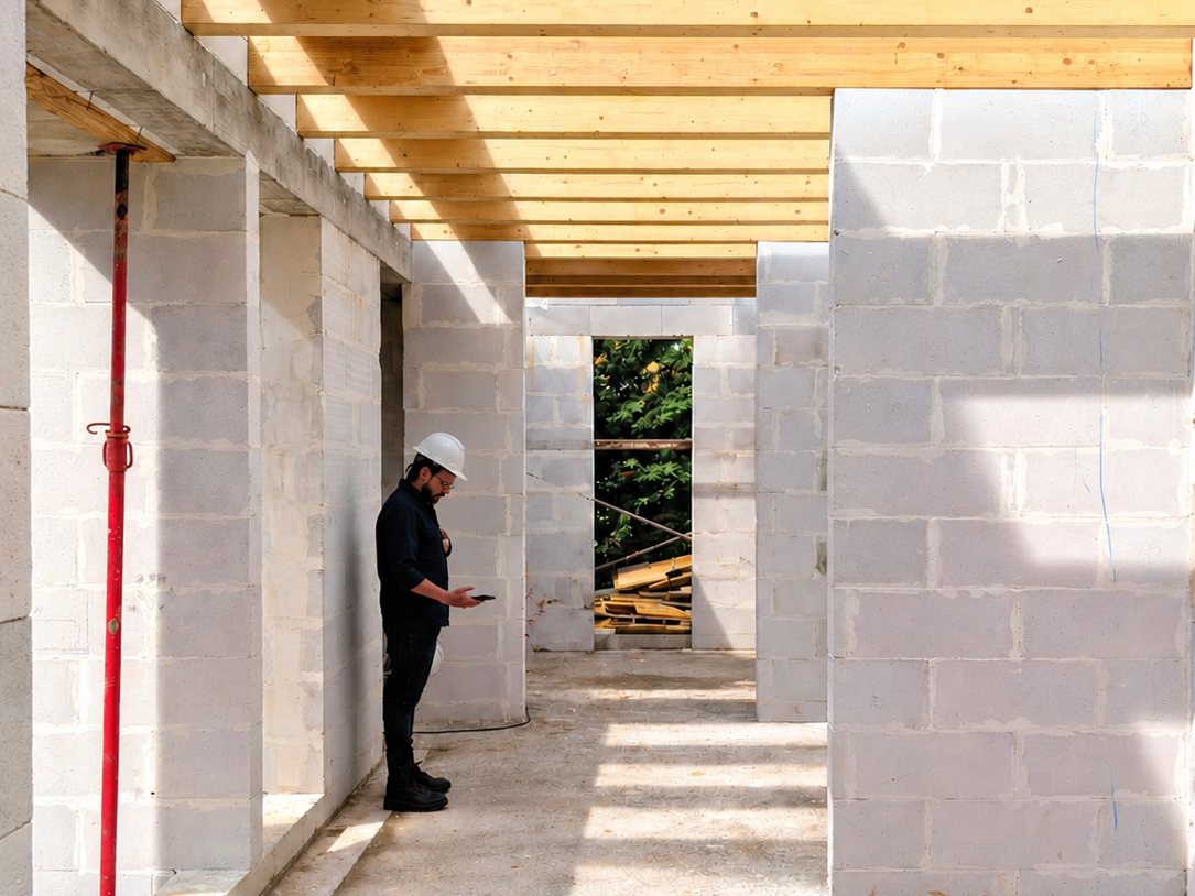 Arquitecto revisando la obra bajo el forjado de madera