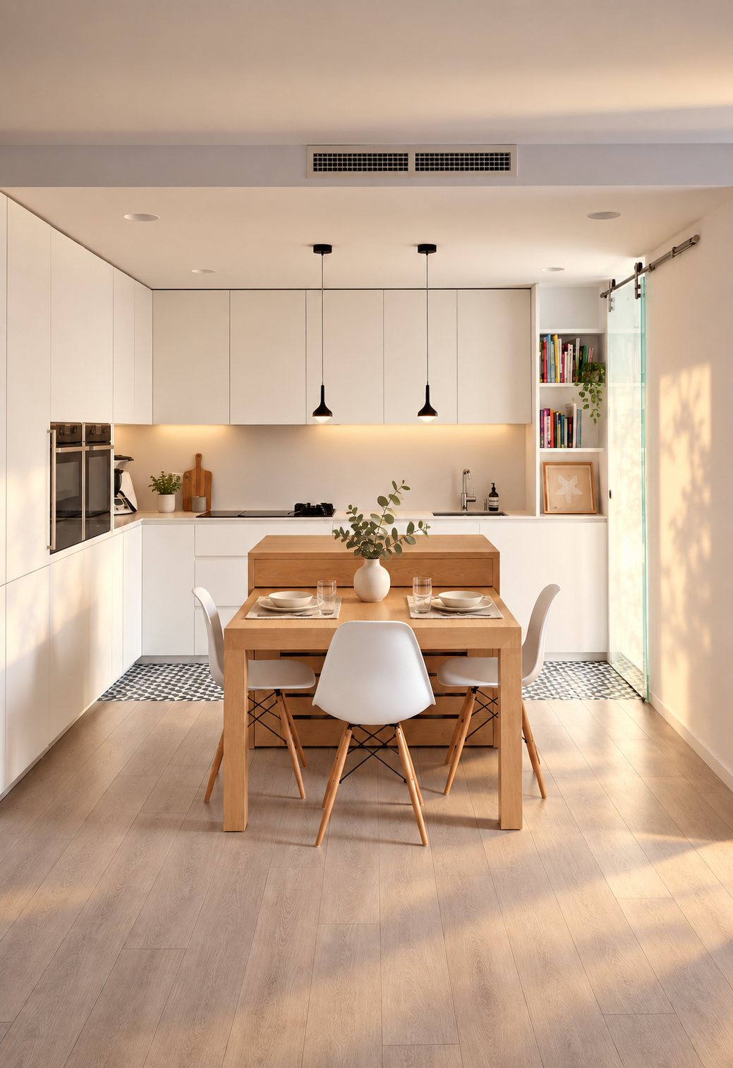 Cocina comedor blanca con mesa de arce a medida