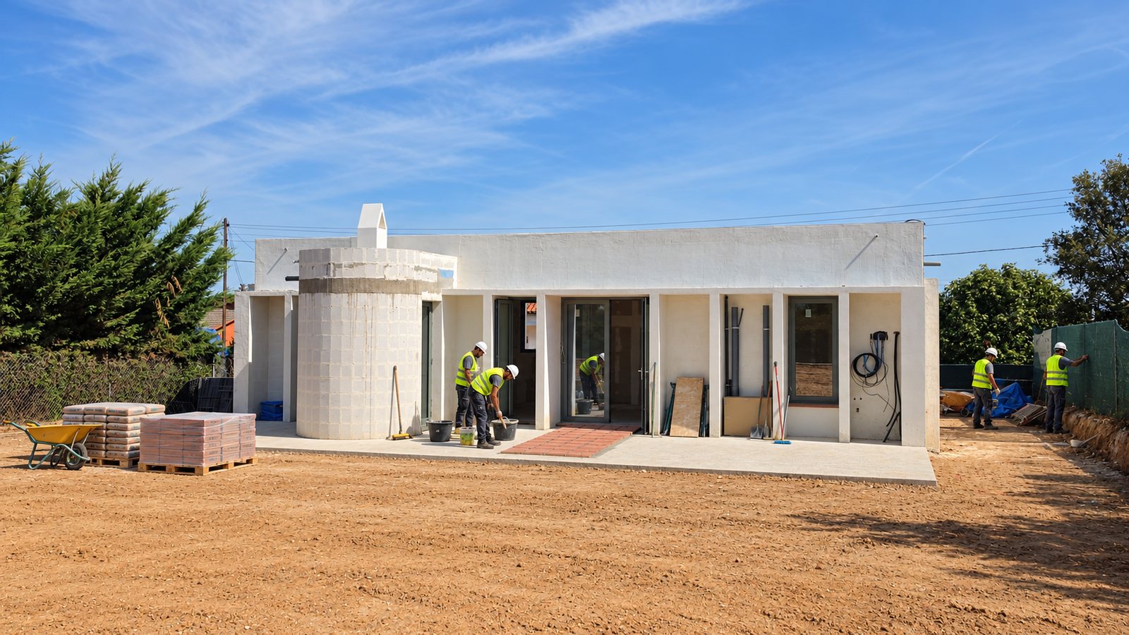 Fachada de la vivienda en obra con el equipo trabajando en el exterior