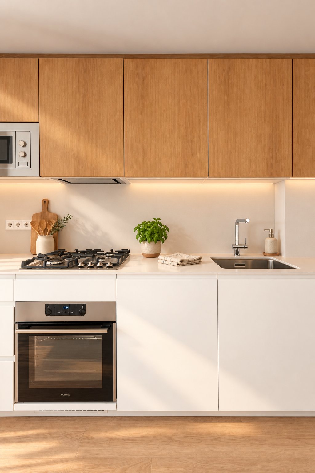 Frente de cocina blanco con muebles altos de roble