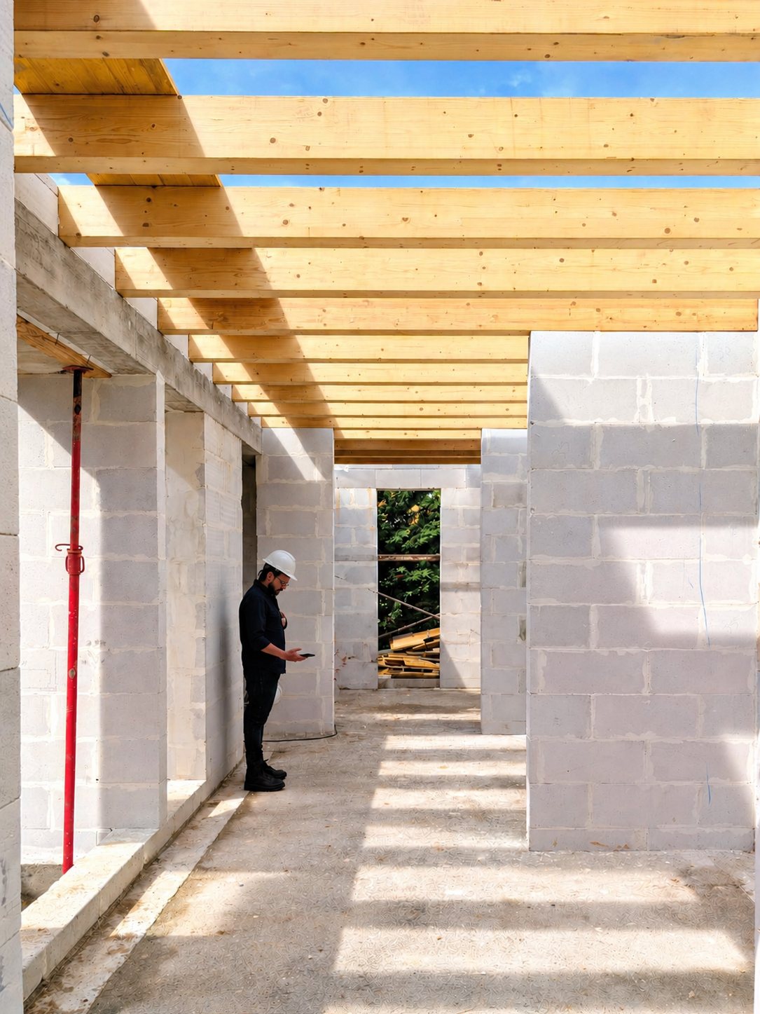 Arquitecto de Espai Home revisando la obra bajo el forjado de vigas de madera