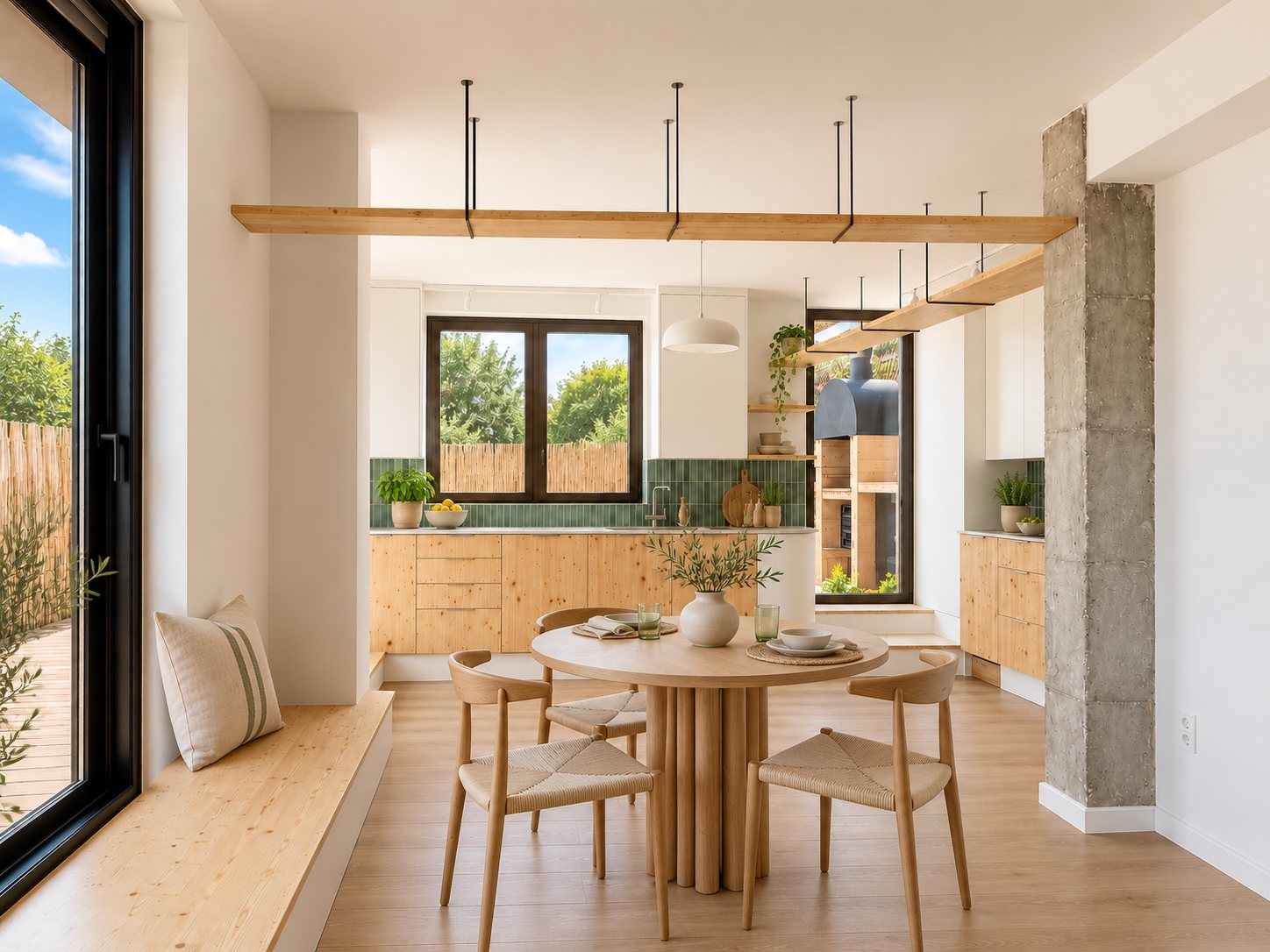 Cocina y comedor con perfil de pino suspendido y azulejo verde, Rajolers