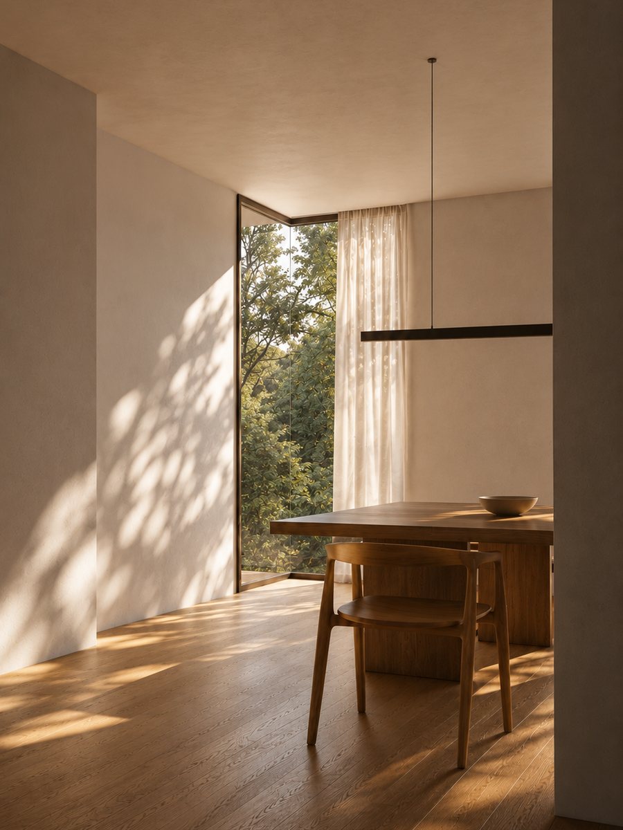 Comedor con luz filtrada por los árboles y mesa de madera