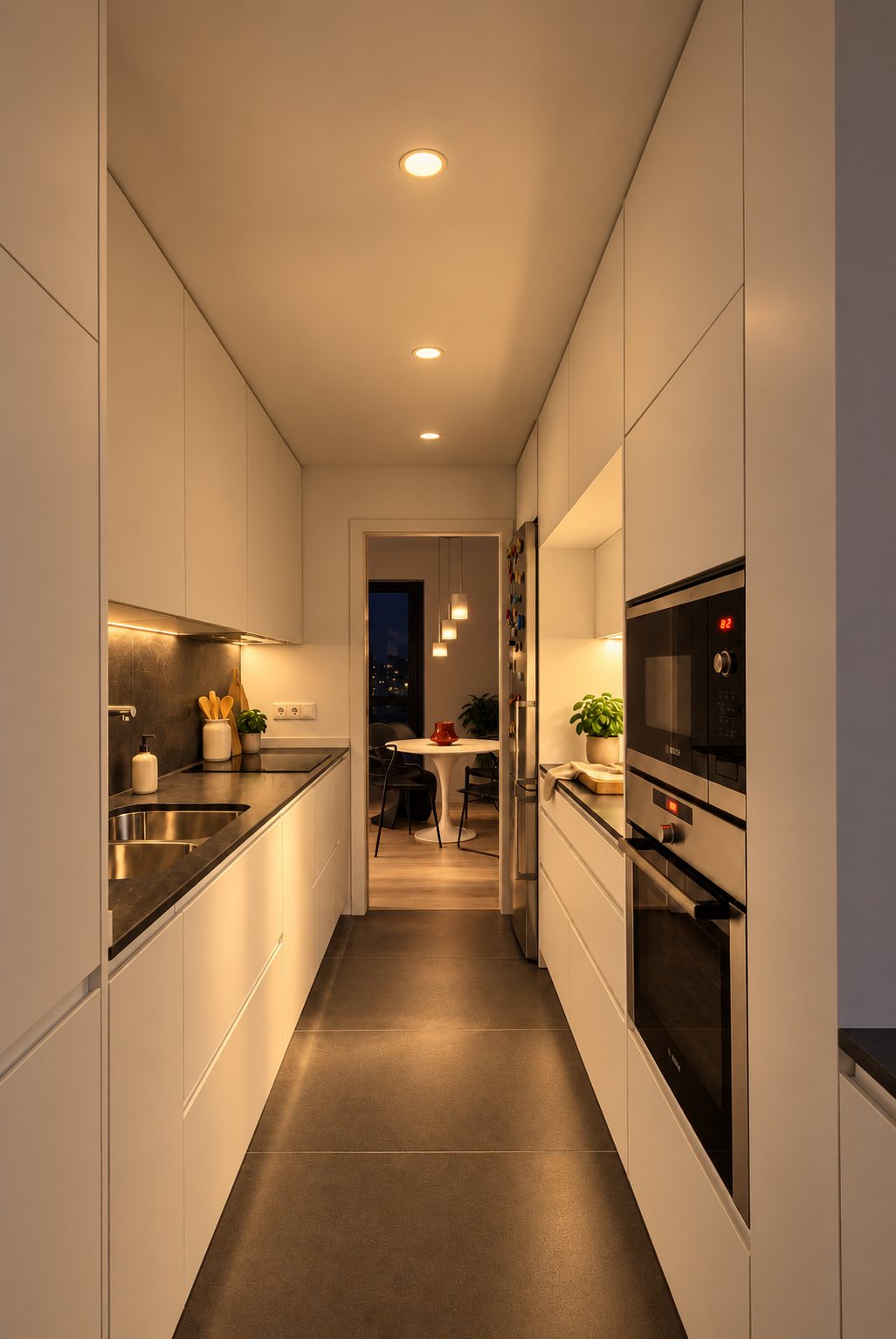 Cocina lineal blanca con iluminación cálida