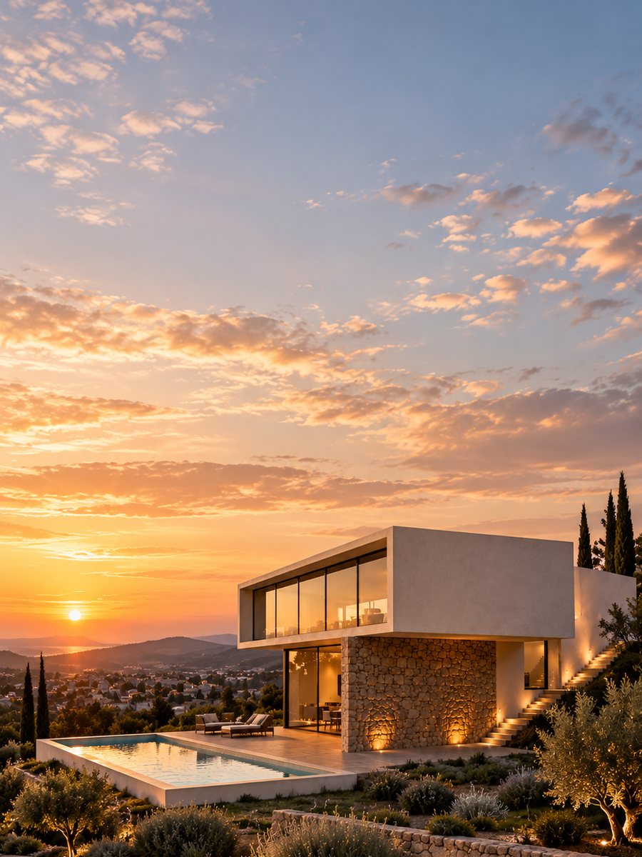 Vivienda unifamiliar con piscina al atardecer