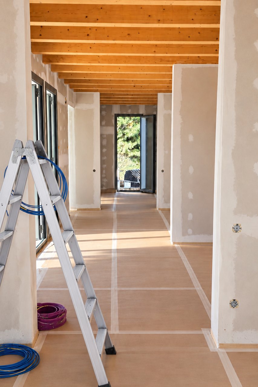 Pasillo interior con techo de madera y suelo protegido durante los acabados