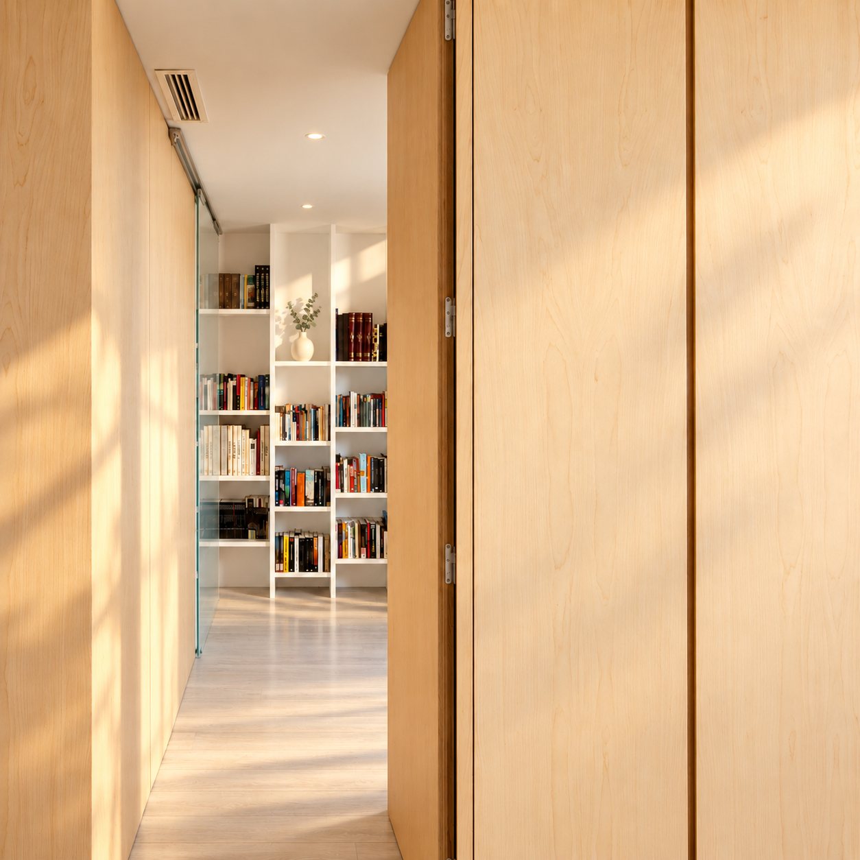 Puerta corredera de arce hacia la biblioteca