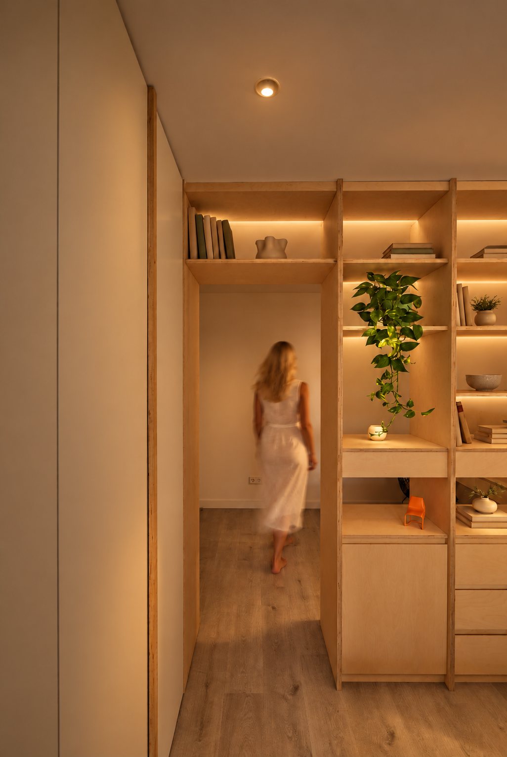 Estantería de abedul iluminada, vivienda terminada