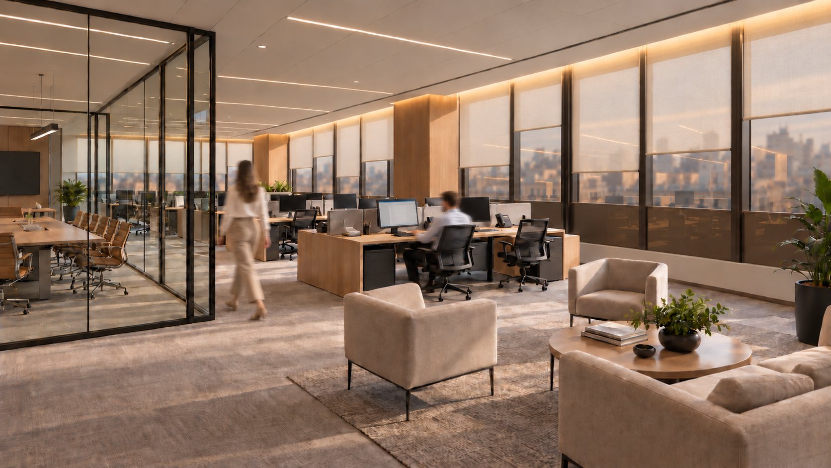 Planta de oficinas abierta con vistas a la ciudad