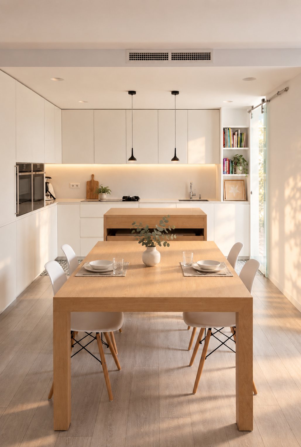 Comedor con mesa de arce y lámparas colgantes
