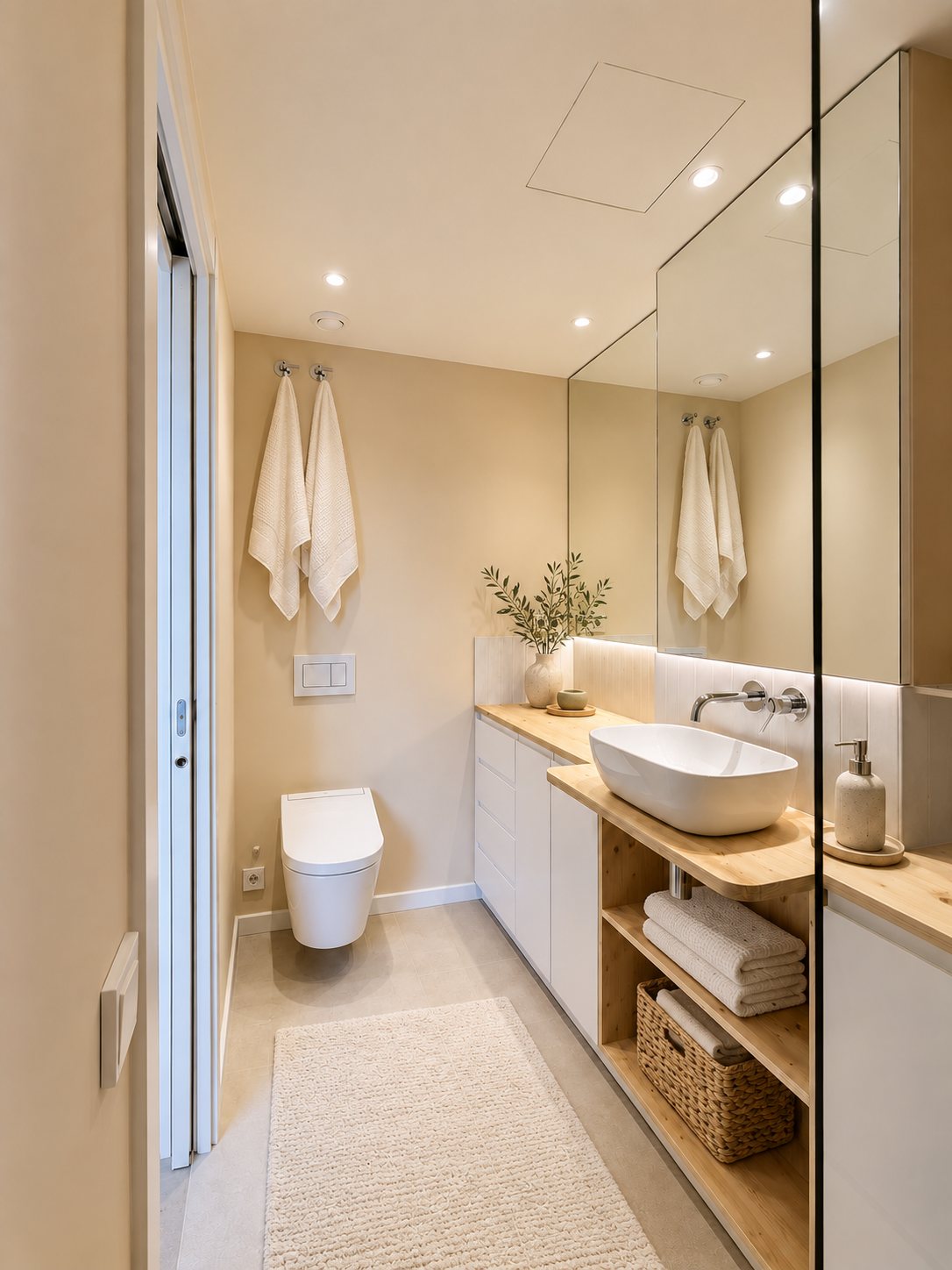 Baño con mueble de pino y espejo retroiluminado