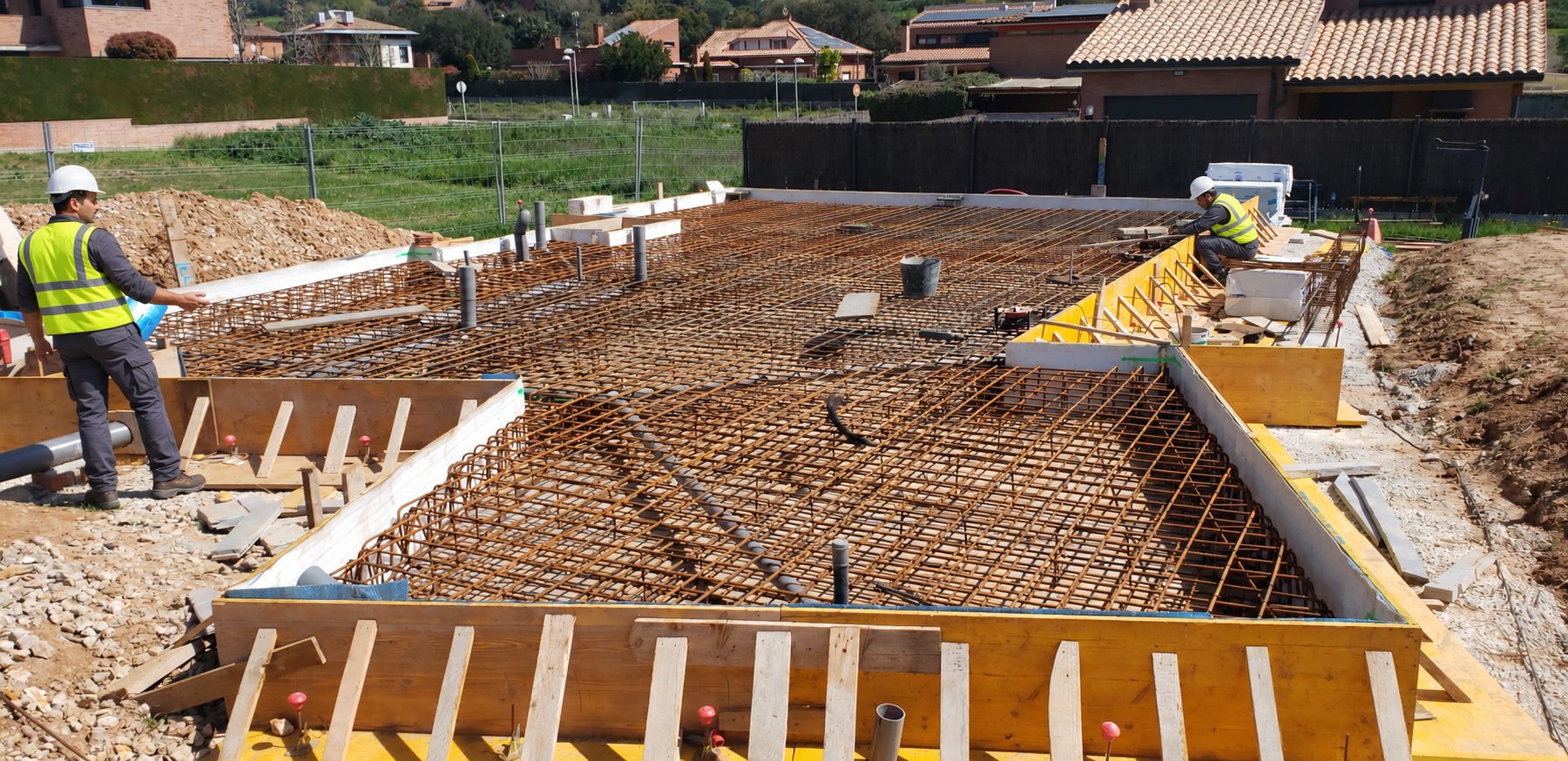 Equipo en obra revisando el armado de la losa de cimentación