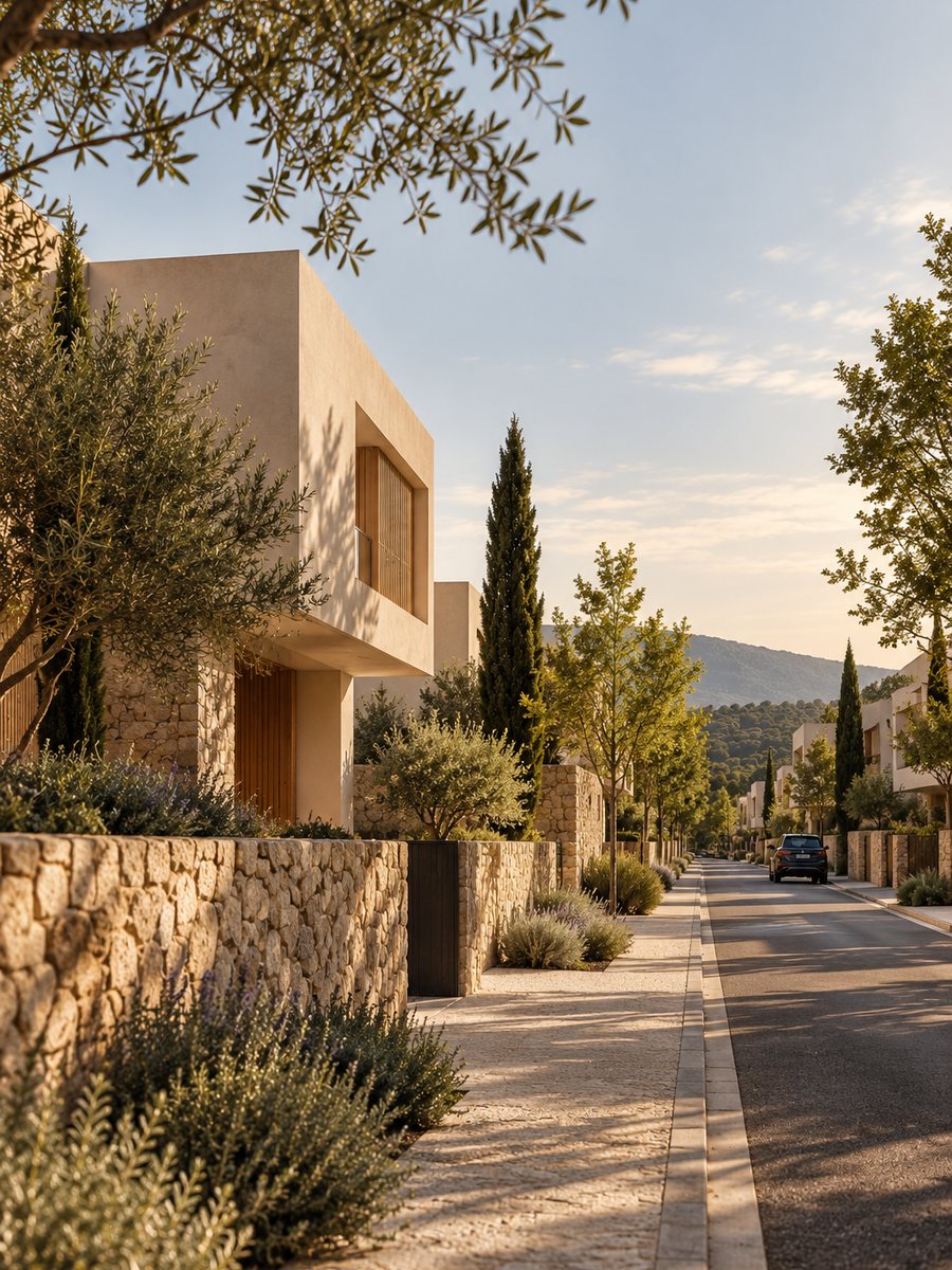 Calle arbolada con viviendas de piedra y olivos