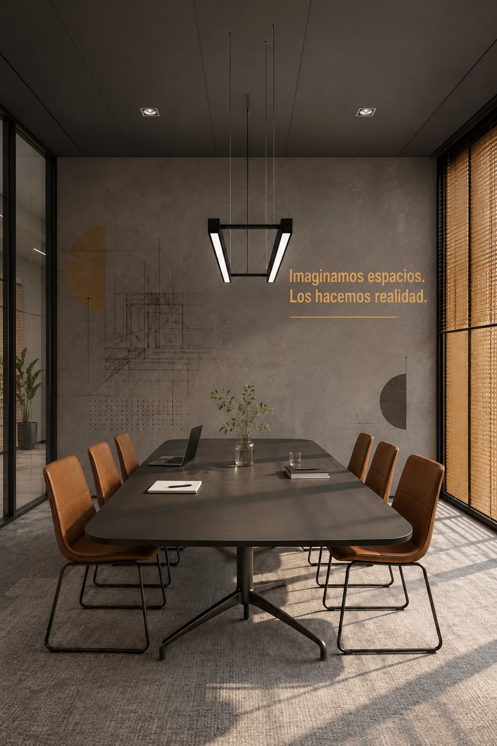 Sala de reuniones con mesa oscura, sillas de cuero y el lema Imaginamos espacios. Los hacemos realidad. en la pared